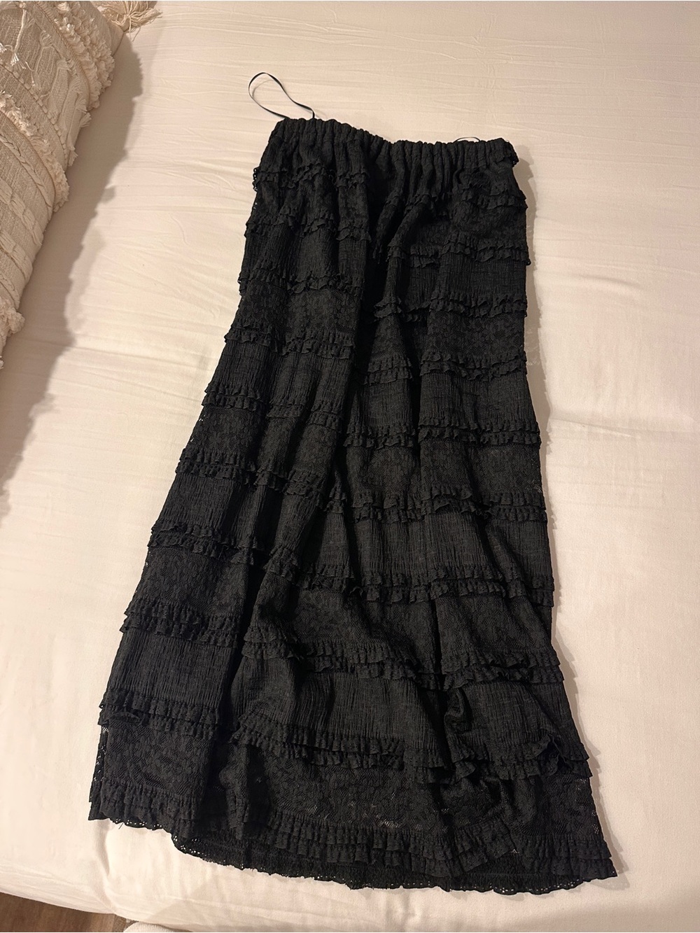 Black Tiered Ruffle Midi Skirt with Elastic Waist